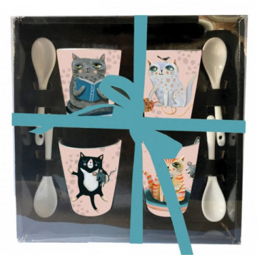 Coffret 4 Tasses à café et cuillères CRAZY CAT Allen Designs