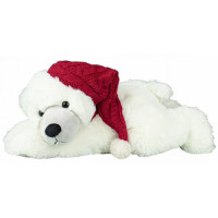 Peluche Ours blanc couché bonnet et écharpe rouge