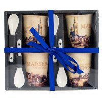 Coffret de 4 tasses à café et cuillères MARSEILLE en PROVENCE déco rétro