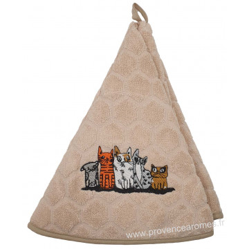 Serviette éponge ronde beige brodée CHATS GRIBOUILLES tissage Jacquard