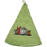 Serviette éponge ronde vert pomme brodée CHATS GRIBOUILLES tissage Jacquard