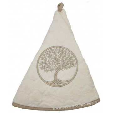 Serviette éponge ronde écru brodée ARBRE DE VIE tissage Jacquard