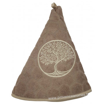 Serviette éponge ronde taupe brodée ARBRE DE VIE tissage Jacquard