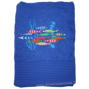 Serviette de toilette bleu roi brodée DANSE DES SARDINES