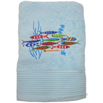 Serviette de toilette bleu ciel brodée DANSE DES SARDINES