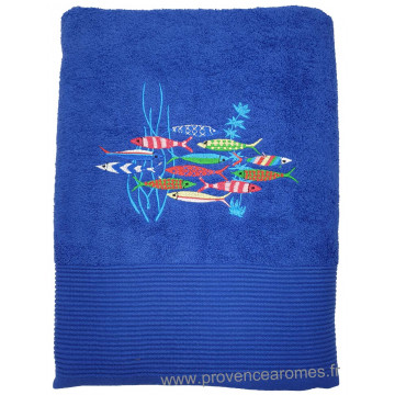 Drap de bain bleu roi brodé DANSE DES SARDINES