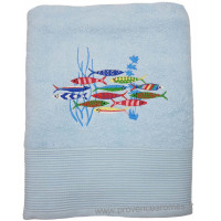 Drap de bain bleu ciel brodé DANSE DES SARDINES