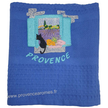 Torchon Nid d'Abeille bleu brodée LE CHAT SUR UNE FENÊTRE EN PROVENCE