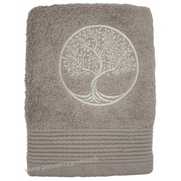 Serviette d'invité taupe brodée ARBRE DE VIE