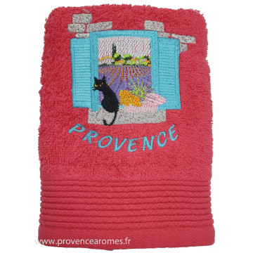 Serviette d'invité rouge brodée LE CHAT SUR UNE FENÊTRE EN PROVENCE