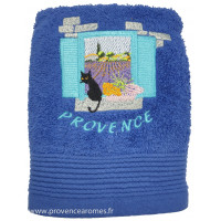 Serviette d'invité bleu roi brodée LE CHAT SUR UNE FENÊTRE EN PROVENCE