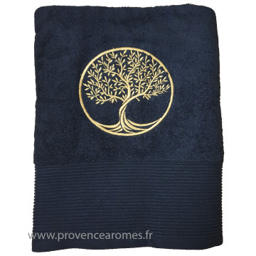 Drap de bain noir brodé ARBRE DE VIE