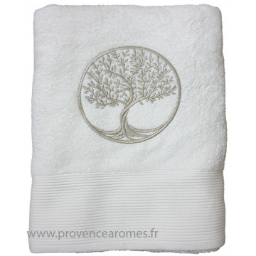 Drap de bain écru brodé ARBRE DE VIE