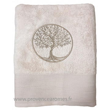 Drap de bain beige brodé ARBRE DE VIE