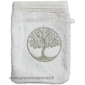 Gant de toilette écru brodé ARBRE DE VIE