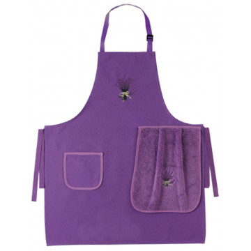 Tablier de cuisine violet Brodé Lavande avec torchon éponge