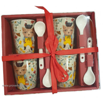 Coffret 4 Tasses à café et cuillères CHAT DE CAMPAGNE Allen Designs