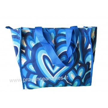 Sac Cabas motif Coeurs psychédéliques seventies Bleu vintage Lara Ethnics