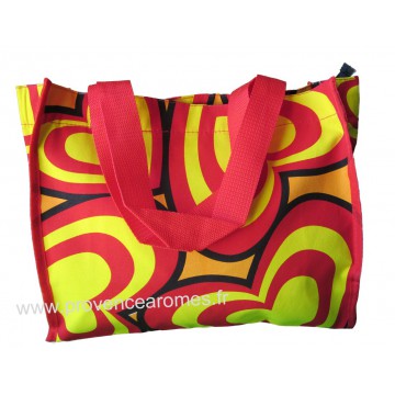 Sac Cabas motif Coeurs psychédéliques seventies Rouge Jaune Noir vintage Lara Ethnics