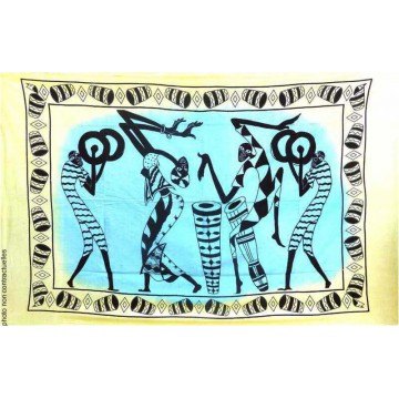 Tenture Africaine danse jumbé Tenture Bleu vert à franges 100 x 160 cm