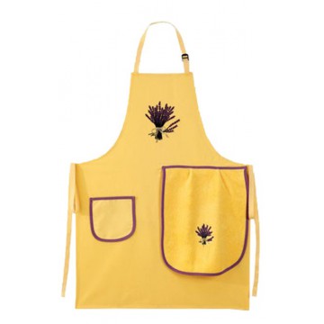 Tablier de cuisine jaune Brodé Lavande avec torchon éponge