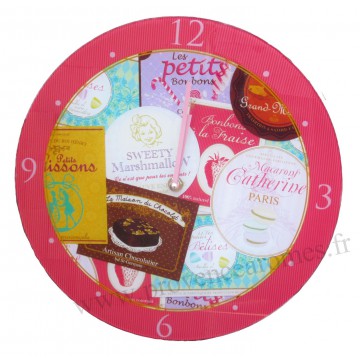 Horloge en verre Étiquettes gourmandes collection Bonbons, chocolats et gourmandises