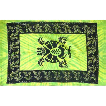 Grande Tenture Tortue Tribal à franges tenture verte Tie Dye 135 x 215 cm