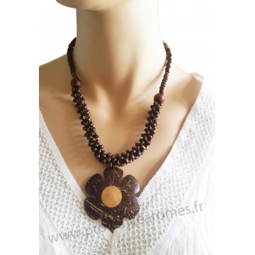 Collier fleur en noix de coco et bois marron Lara Ethnics