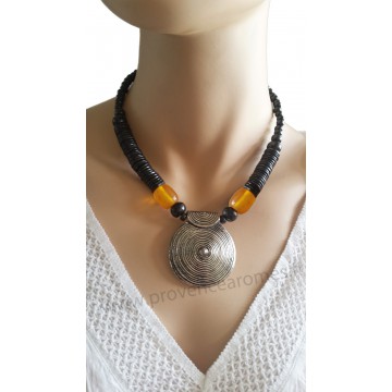 Collier noir pendentif cercle métal Lara Ethnics