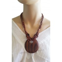 Collier perle marron pendentif cercle bois Lara Ethnics