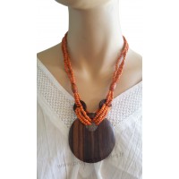 Collier perle orange pendentif cercle bois Lara Ethnics