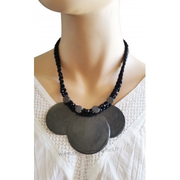 Collier cordon noir 3 cercles de nacre noire Lara Ethnics