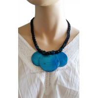 Collier cordon noir 3 cercles de nacre bleus Lara Ethnics