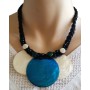 Collier cordon noir 3 cercles de nacre bleus et blancs Lara Ethnics