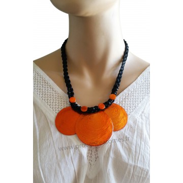 Collier cordon noir 3 cercles de nacre orange Lara Ethnics