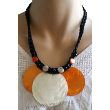 Collier cordon noir 3 cercles de nacre orange et blanc Lara Ethnics