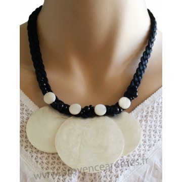 Collier cordon noir 3 cercles de nacre blanc Lara Ethnics