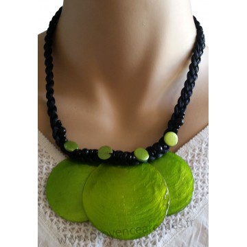 Collier cordon noir 3 cercles de nacre vert Lara Ethnics