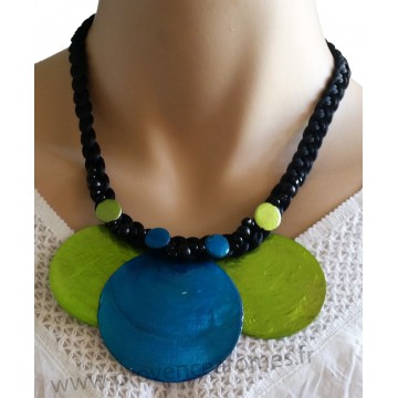 Collier cordon noir 3 cercles de nacre vert et bleu Lara Ethnics