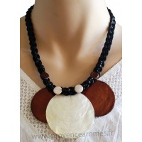 Collier cordon noir 3 cercles de nacre larron et blanc Lara Ethnics