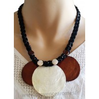 Collier cordon noir 3 cercles de nacre larron et blanc Lara Ethnics